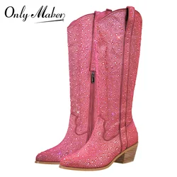 Onlymaker Women Rhinestone Boots Pink Knee High Boots Glitter Bling Shiny Pointed Toe Block Heel Western Cowgilr Boots