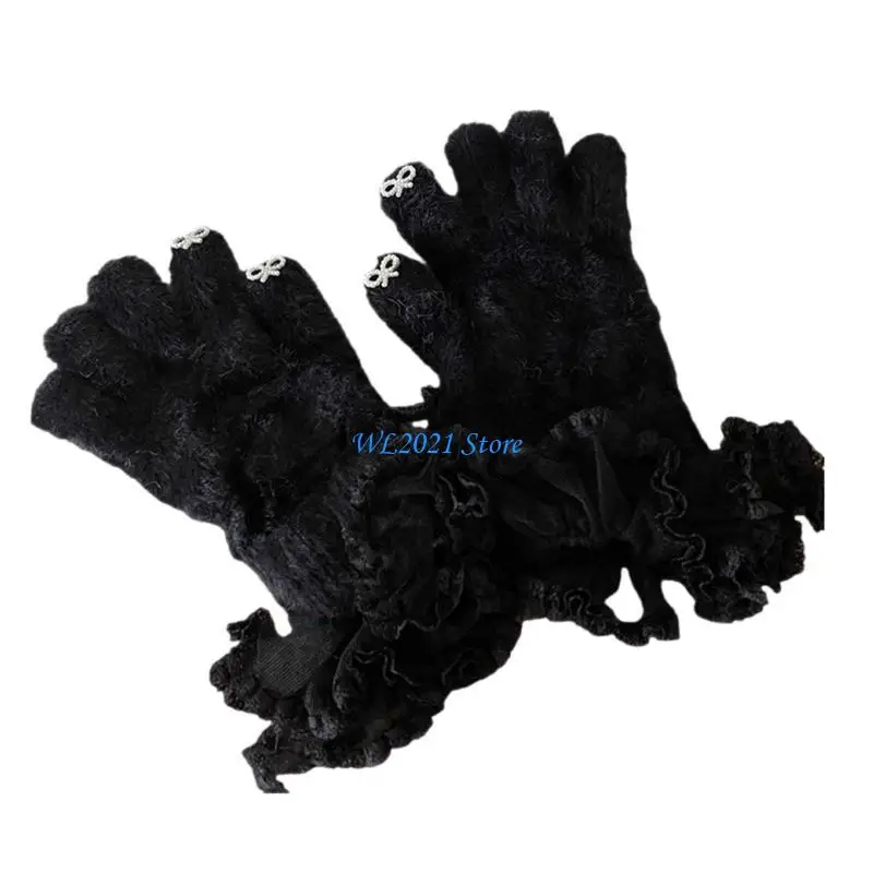 

G5GC Rex Rabbit Furs Gloves for Women with Lace Cuffs Winter Gloves Warm Gloves Student Girl Knitted Gloves Hand Warmer