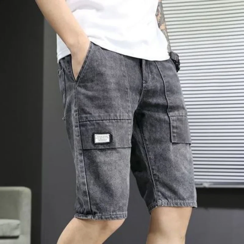 Short Jeans Pants for Men Long Half Man Denim Shorts Straight Knee Length Gray Original Retro Cowboy Korean Fashion Summer Jorts