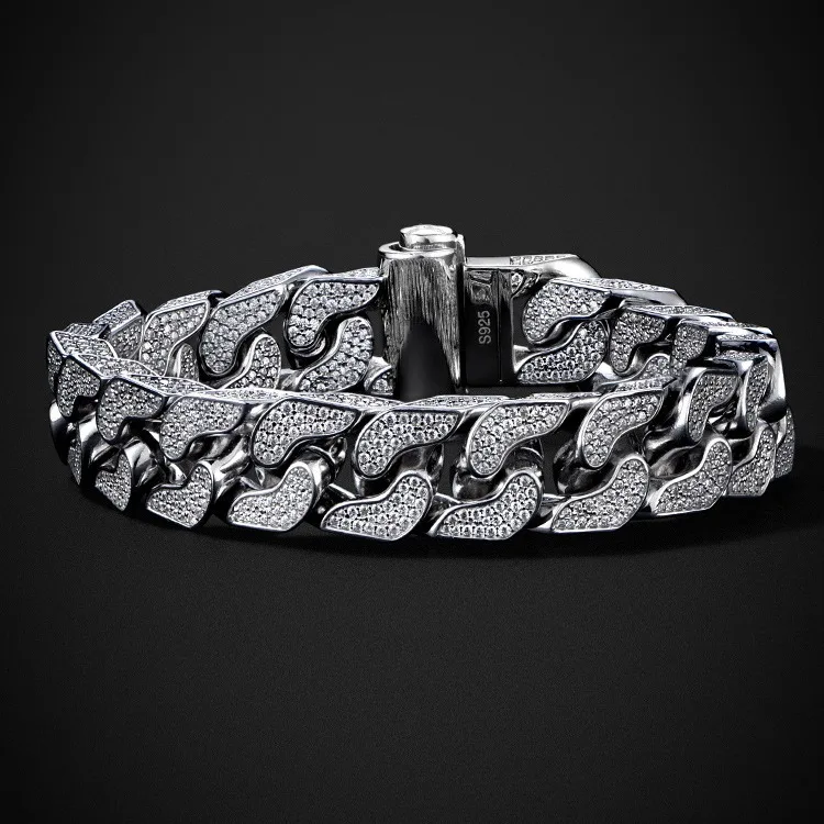 

Кубинский браслет из стерлингового серебра с бриллиантами, мужской нишевый браслет в стиле хип-хоп с широким лицом, трехмерный инкрустированный браслет из высококачественного циркона