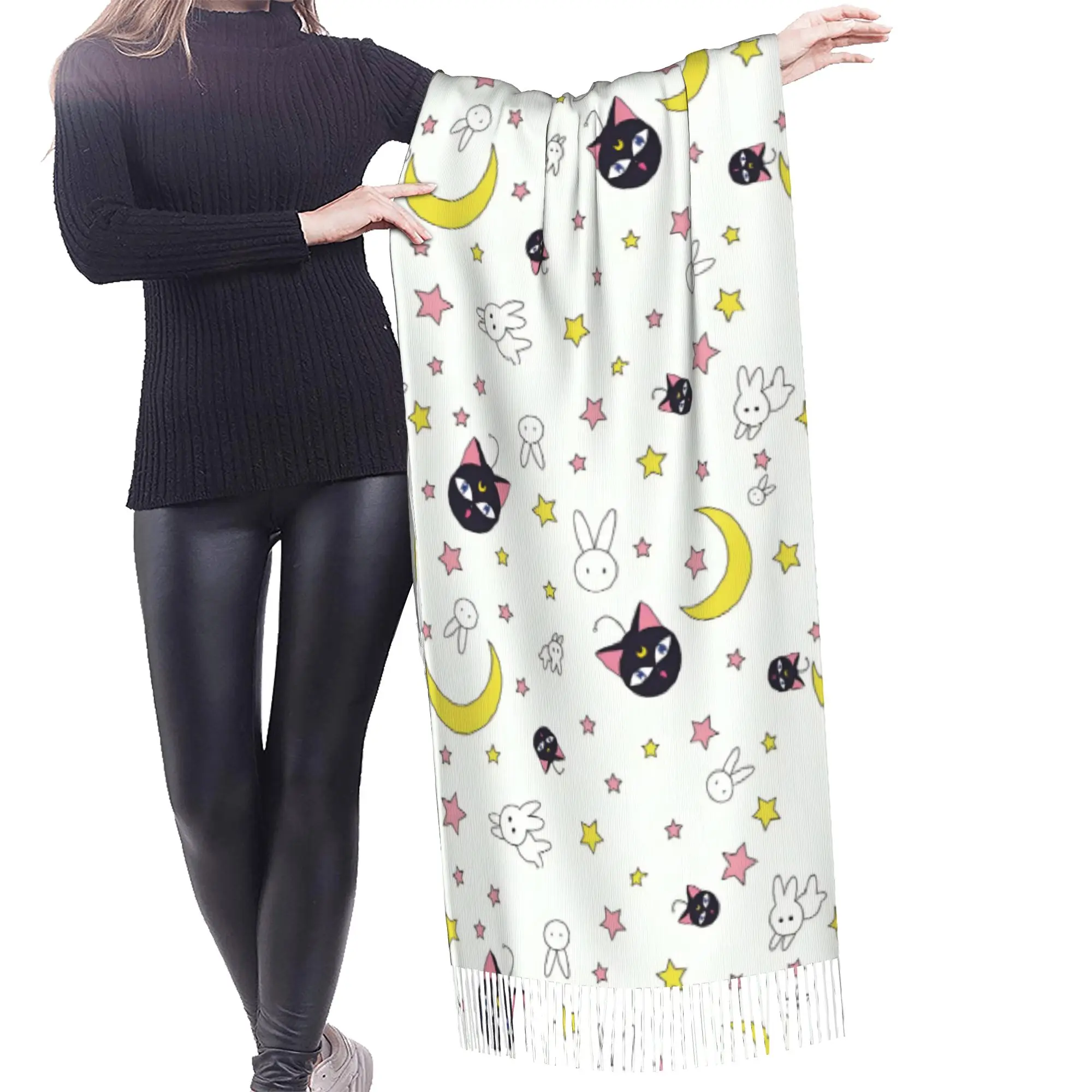Custom Sailored Manga Anime Mooned Tassel Scarf Women Soft Usagi Tsukino Luna Shawls Wraps Female Winter Scarves