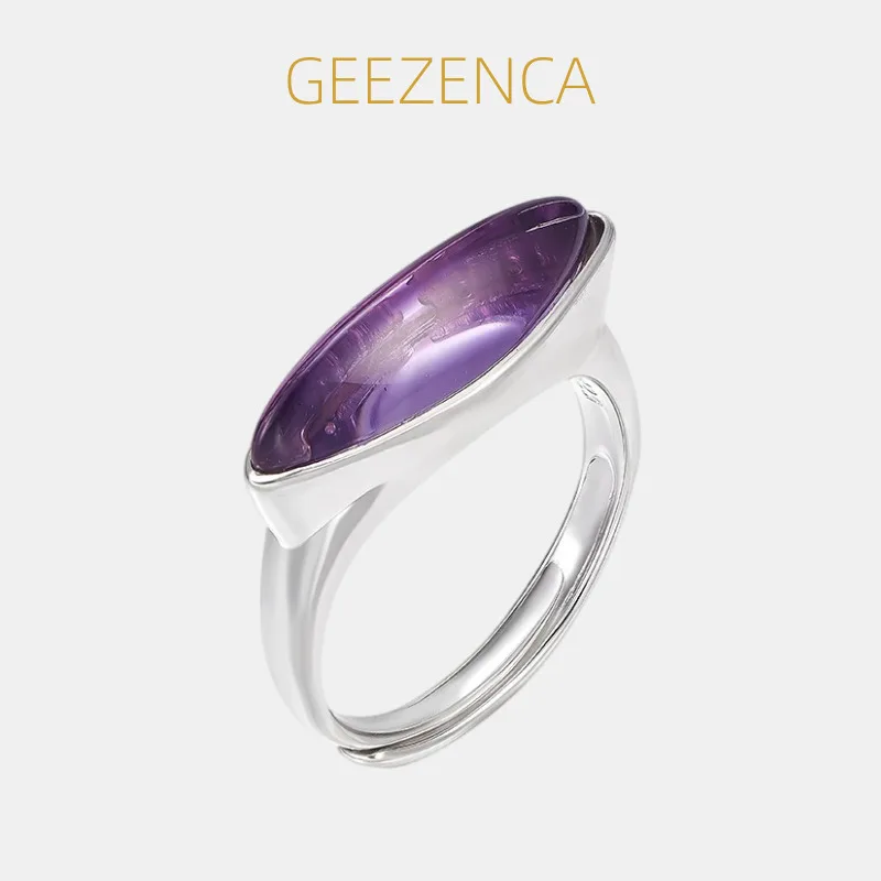 

GEEZENCA 925 Sterling Silver Marquise Amethyst Stone Signet Ring Women Simple Trendy Minimalism Stackable Adjustable Rings Gift