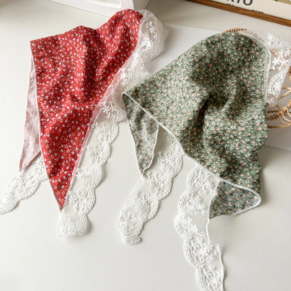 Ins Lace Floral Hair Scarf Women Triangle Bandana Hair Band Strap Hair Bag Headscarf Hat Travel Photo Headband Turban Accessory