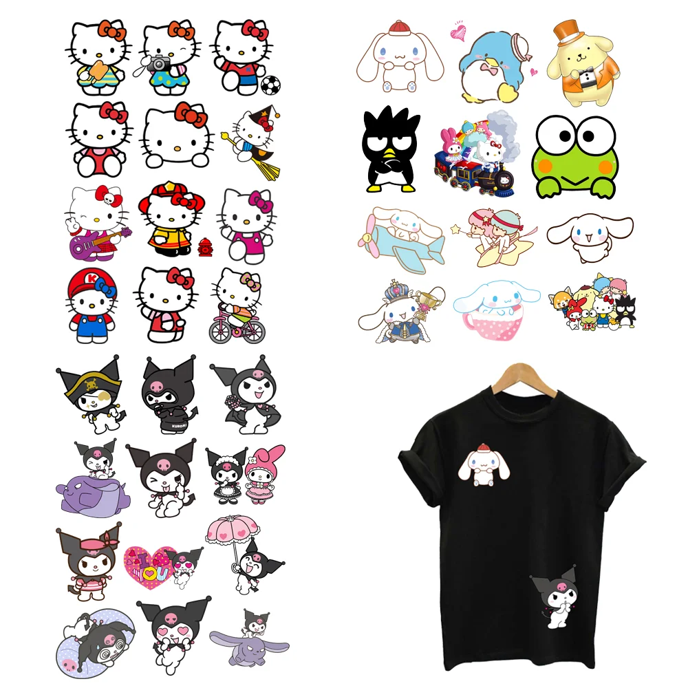 

12Pcs/Lot Hello Kitty Kuromi Cute Thermoadhesive Fusible Stickers Heat Thermal Transfer Iron On Patches Children's Clothes Kids