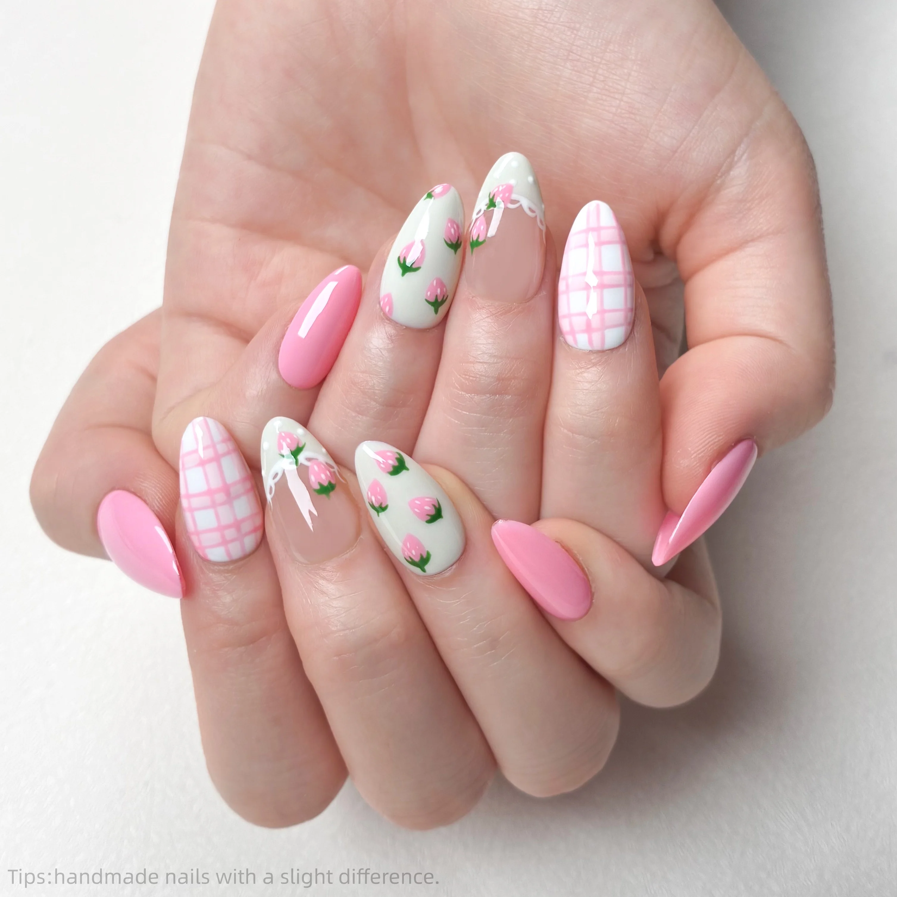 10PCS Handmade Press on Nails Sweet Pink Strawberry Plaid Almond False Nails Wearable Reusable Summer Fake Nail Tips view 2