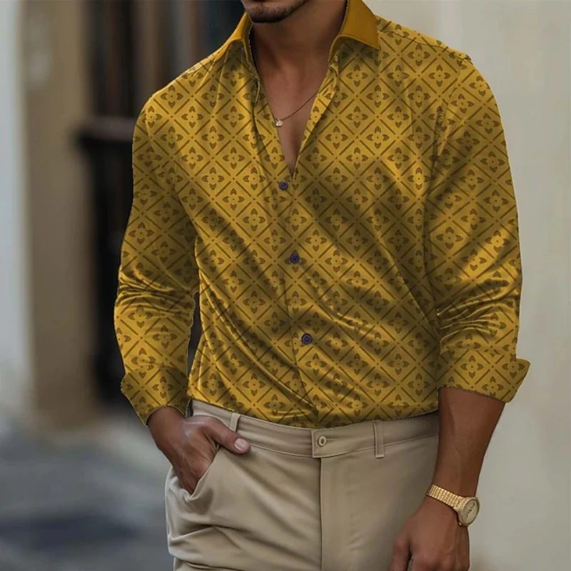 Men's Retro Diamond Flower 3D Printed Long Sleeved Shirt with Lapel, Business Casual Button up Cardigan, Plus Size Top