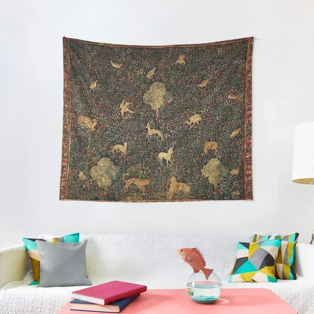 

UNICORN AND MEDIEVAL BESTIARY Millefleurs Red Green Floral Tapestry Living Room Decoration Tapestry