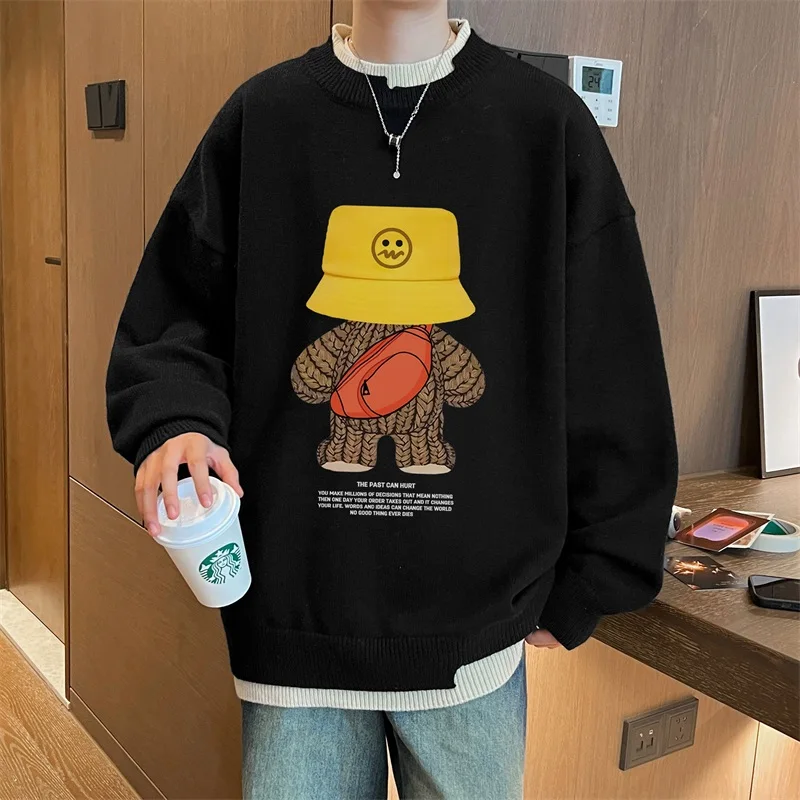 

Fashion New Men's Korean Knitted Fake Two Sweaters Spring Men's Loose Casual Crew-neck Color Contrast Printed Sweater Pullovers