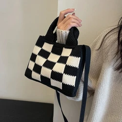 Shoulder Handbag New Checkerboard Knitted Shoulder Handbag Versatile Cute Portable Large Capacity Shoulder Crossbody Bag