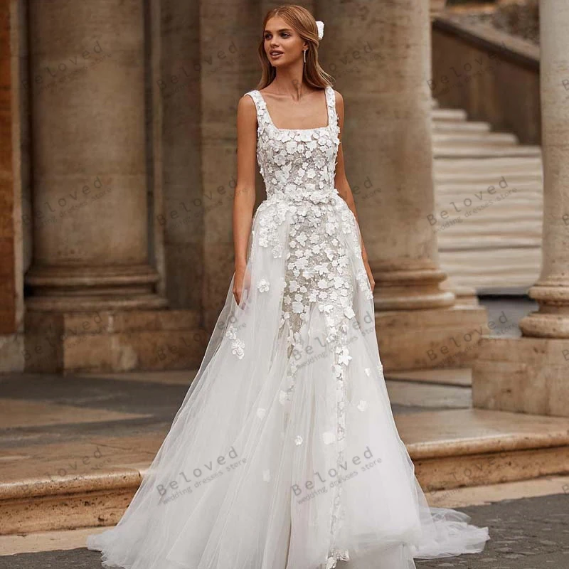 Abiti da sposa glamour abiti da sposa con stampa floreale 3D abiti con colletto quadrato per abiti da festa formale senza schienale De Novia 2024