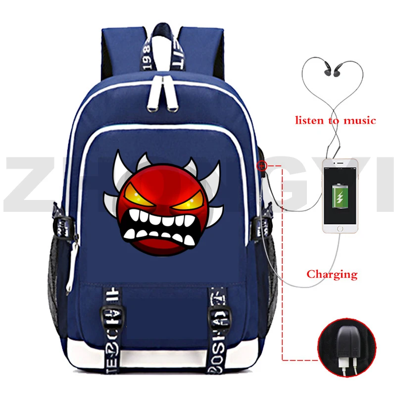 

New Angry Geometry Dash USB Charging Backpack Anti-theft Backpack Men Teens Girls Notebook Laptop School Bag Kid Cartoon Bookbag