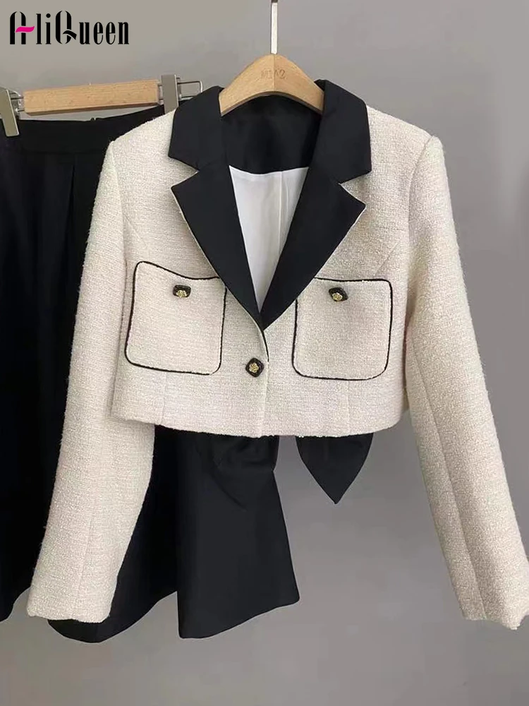 

Fall Winter Small Fragrance Women Long Sleeve Lapel Blazer Coat Female Casual Patchwork Pockets Jacket Ladies Outerwear Crop Top