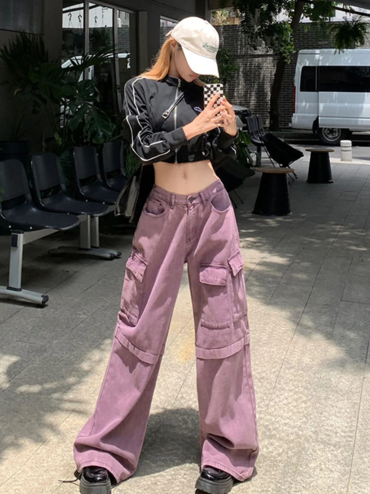 

Уличная фиолетовая рабочая одежда в американском стиле ретро, джинсы, женские повседневные свободные узкие широкие длинные брюки с высокой талией Multiple kets
