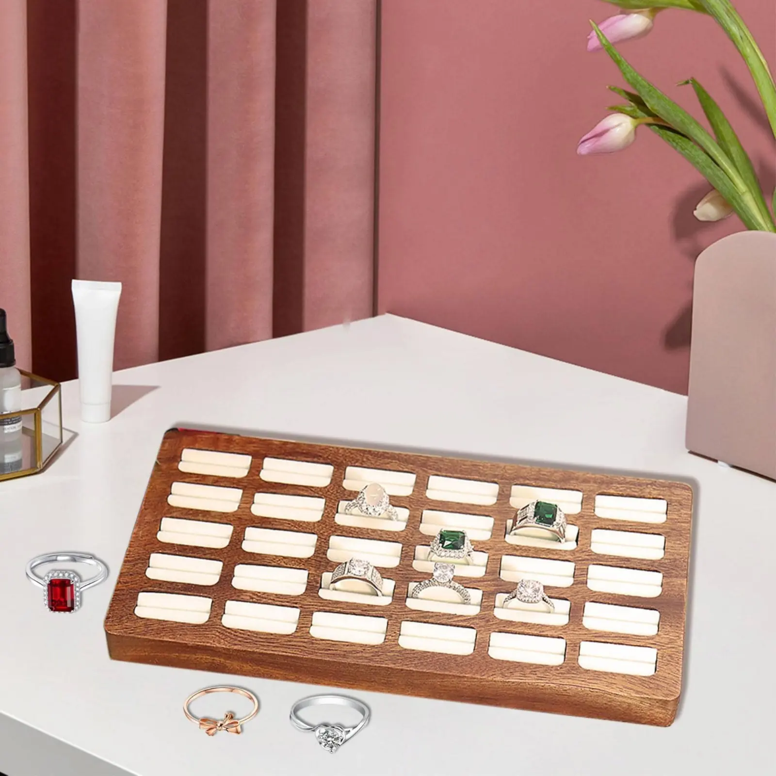 Wooden Jewelry Tray Multi-Slot Design Wood Band Display Tray for Shop Owners, Dressing Table