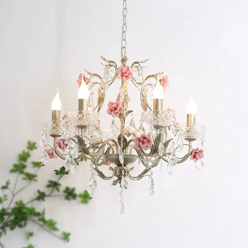 

French countryside living room crystal chandelier romantic American retro bedroom dining room flower girl lighting fixture