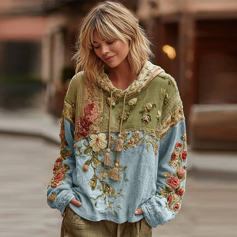 عادية الفرنسية زهرة هوديي المرأة الخريف الربيع Y2K هوديي الأزهار طباعة هوديي فضفاض رقيقة بولو الرقبة معطف المتضخم جديد