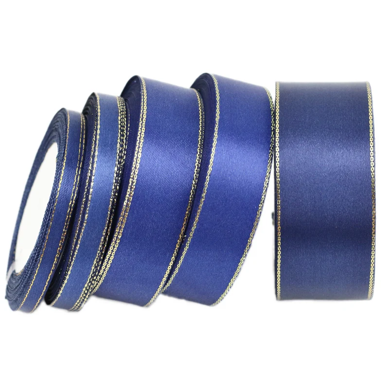 Single Face Satin Ribbon Deep Blue Gold Fringe Christmas Gift Manual DIY Ribbons Wholesale, 25 Yards/Roll, 6mm, 10mm, 25mm, 40mm