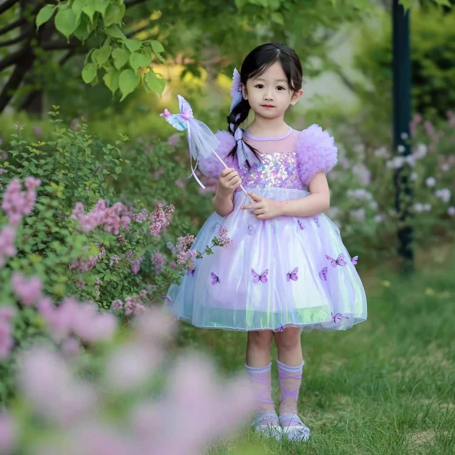 Girls' Princess Dress Summer 2026 Children's Butterfly Wings Western Style Baby Bubble Sleeve Yarn Dress