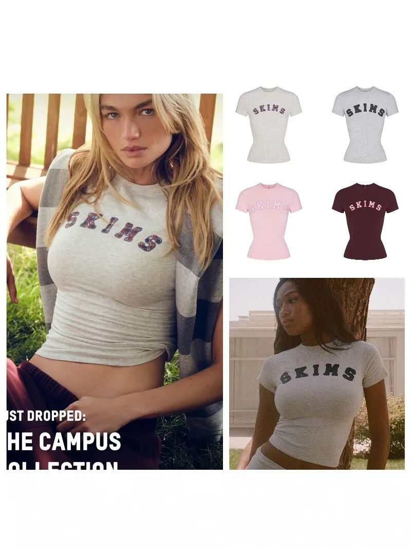 Classic American College Style Letter T-Shirt Slim Fit round Neck Short Sleeve Simple Short Length Top for Young Women