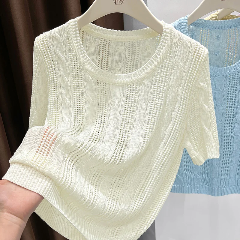 

Hollow twist ice silk short-sleeved T-shirt for women summer new unique special cardigan knitted sweater top