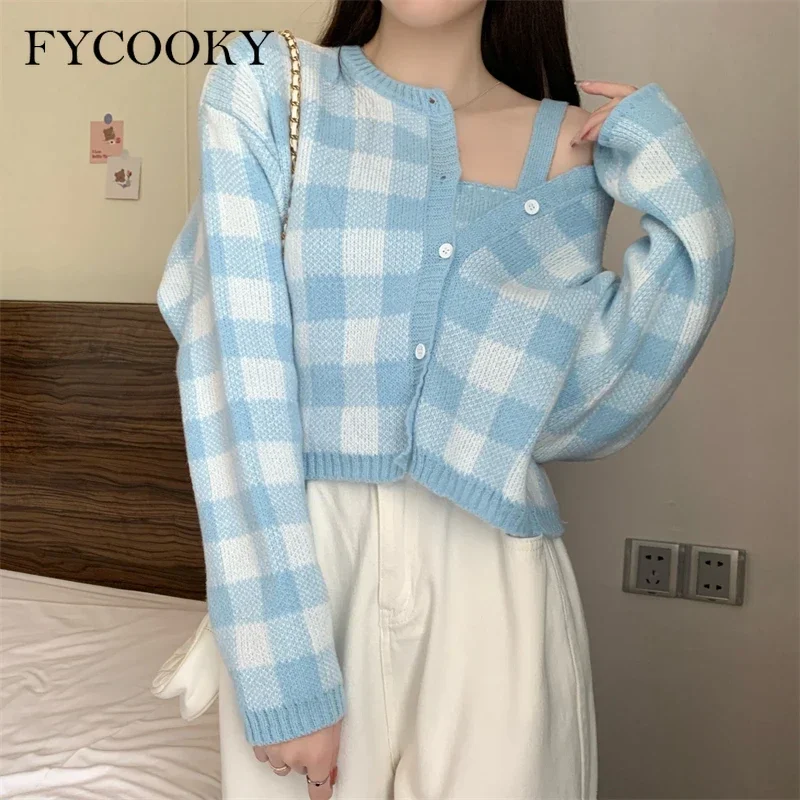 격자 무늬 패션 스웨터 코트 여성용, 새로운 니트 캐미 크롭 가디건, 투피스 정장, 가을 겨울