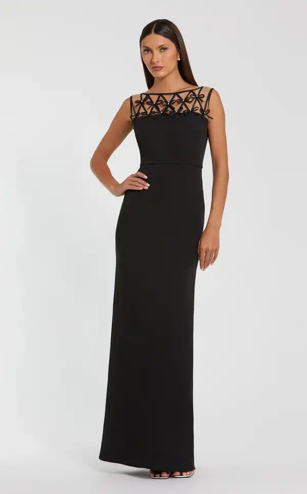 

Customized Modern Style Jersey Criss-Cross Bow Rhinestone Straight O-Neck Long Dresses Bespoke Occasion Dresses Fashion Elegant