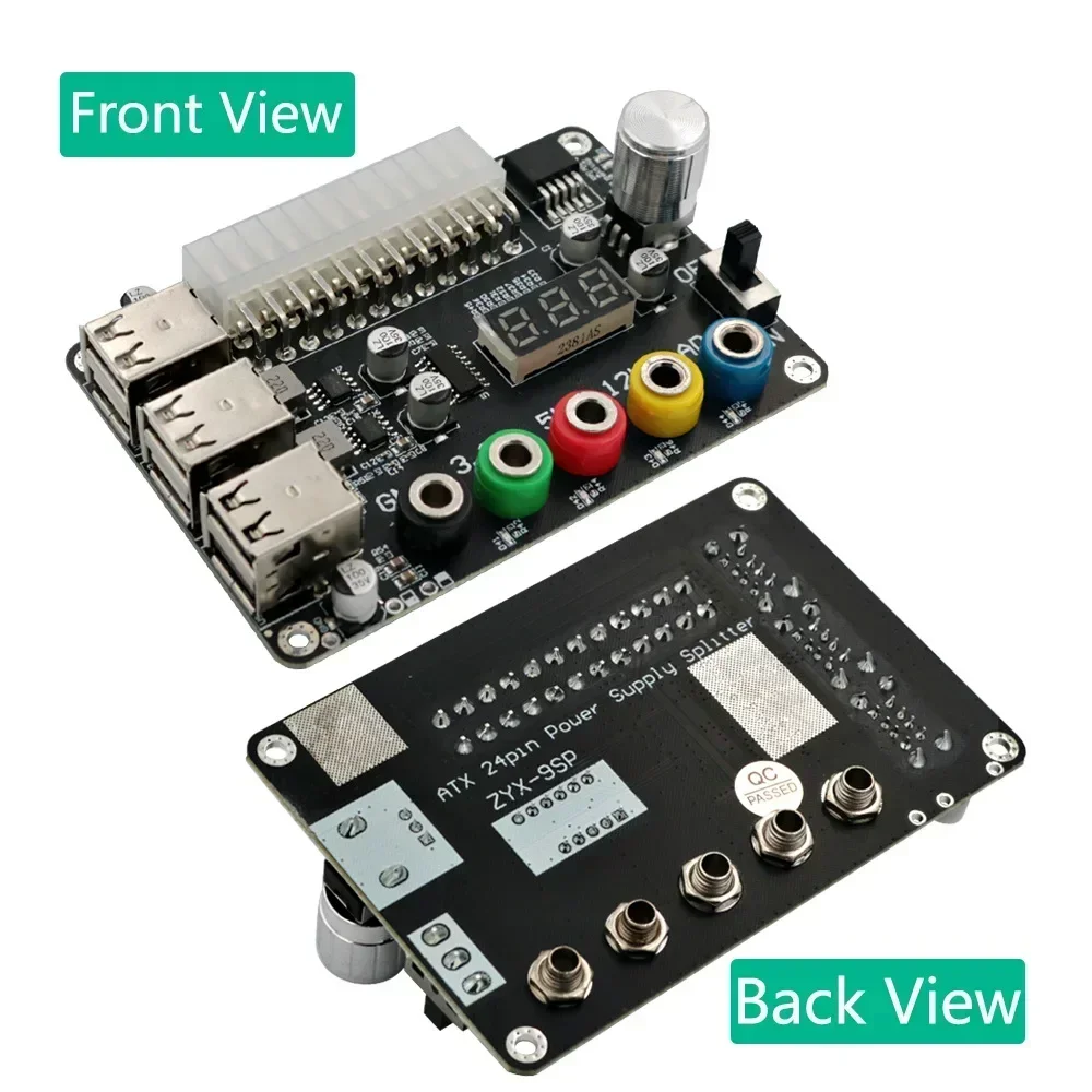 Placa de ruptura de fuente de alimentación ATX de 24 pines, conector adaptador de módulo de alimentación, perilla de voltaje ajustable, 6 puertos USB 2,0, compatible con QC2.0 QC3.0