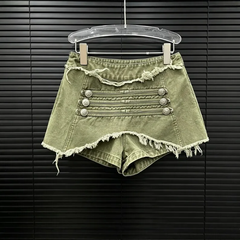 Zipper Set Button Short Length Casual with Autumn Three Quarter Sleeve Water Washed Distressed Look 3D Effect Women Shorts