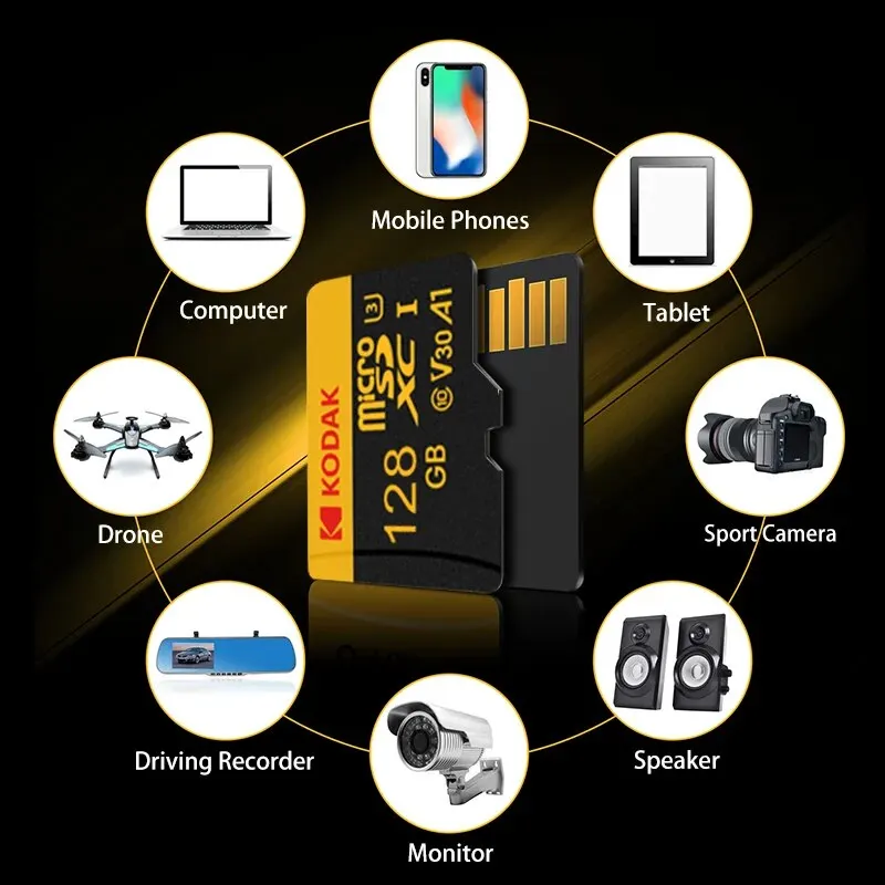 KODAK-Micro tarjeta grabadora de conducción, tarjeta de memoria Micro SD de 128GB para teléfono móvil, PC, auricular, altavoz, cámara HD, interruptor de juego