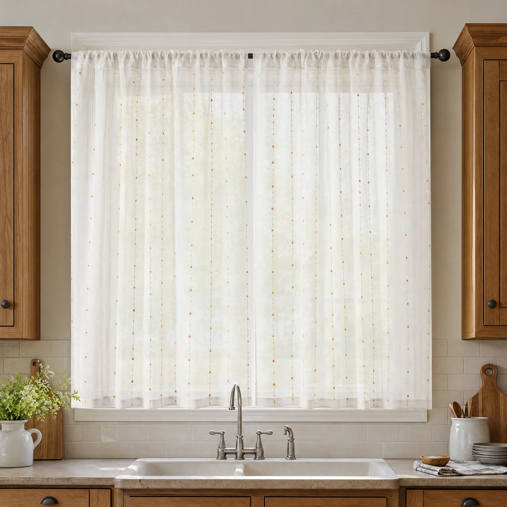1 Piece, Bohemian Retro Style Candy-Colored Gauze Light-Filtering Curtain, Available in Multiple Colors: White / Orange-Yellow / Yellow-Green / Pink / Black-Gray, Rod-Top Installation, Polyester Material, Washable, Nat