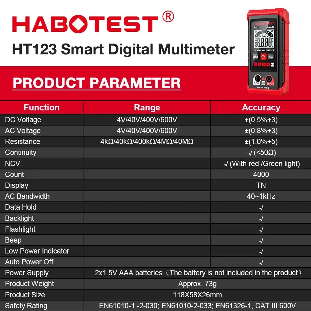 HABOTEST HT123 Smart Digital Multimeter AC/DC Spannung Widerstand Kontinuität Messung Tester NCV Multimeter mit Hintergrundbeleuchtung – Detail 3