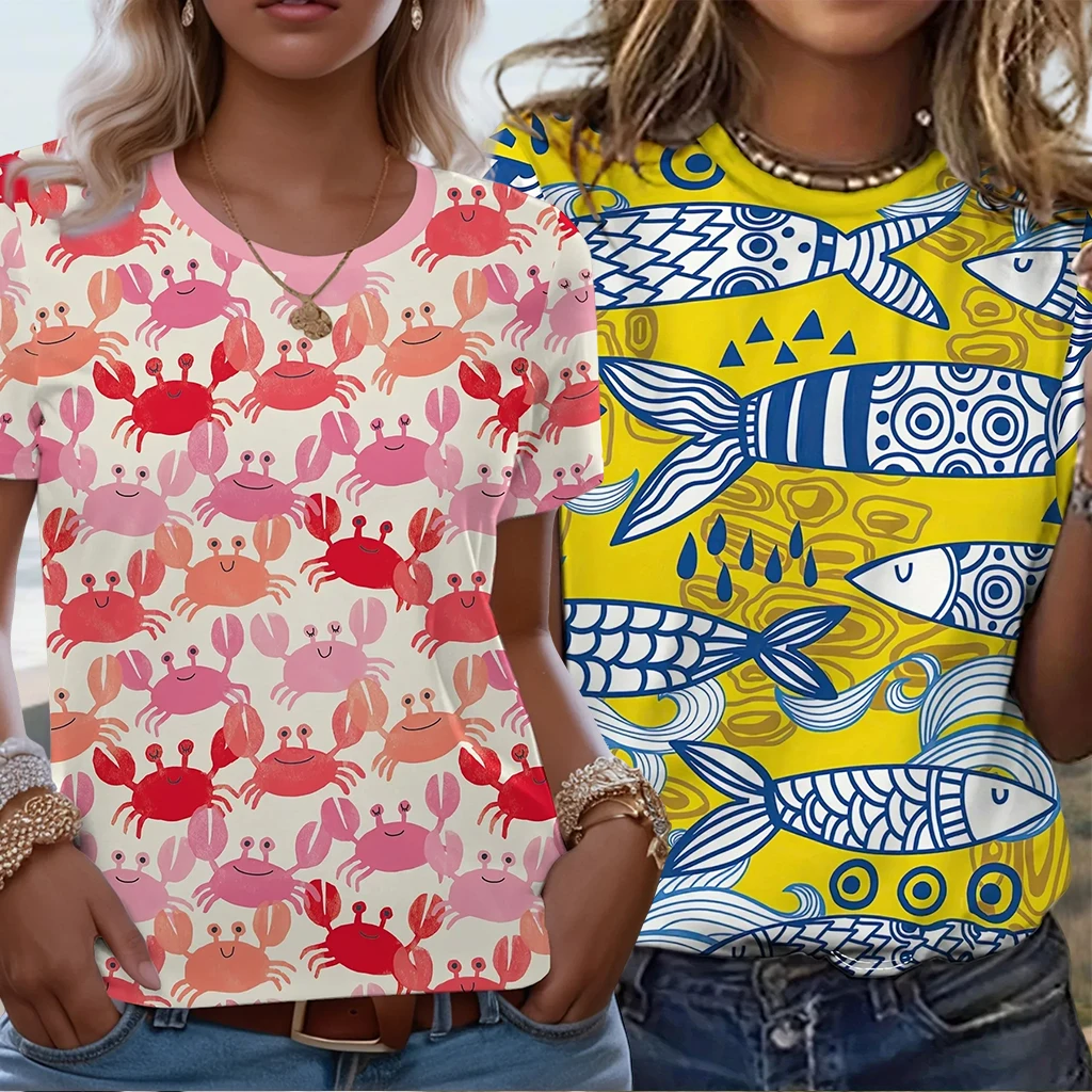 

Новая милая футболка с принтом и круглым вырезом для женщин: модная повседневная уличная одежда, быстросохнущая, удобная, свободного кроя, больших размеров