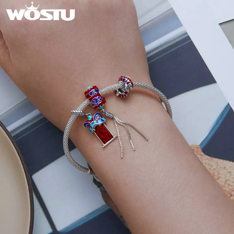 WOSTU 925 Sterling Silver Chinese New Year Series Red KOI Lantern Charm Fortune Cat Bead Fit Bracelet DIY Necklace Jewelry Gift