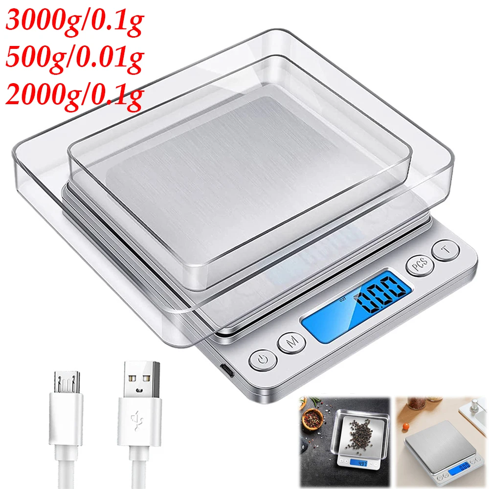Báscula Digital pequeña para alimentos, balanza de 2kg/3kg/500g, 0,1/0,01g, precisión de ponderación precisa, pantalla LCD para uso doméstico