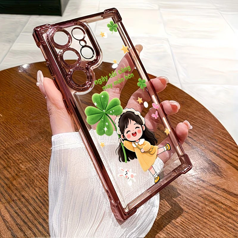 Four Leaf Clover Girl Case for Samsung Galaxy S26 Ultra 5G S25 Plus S24 FE S23 S22 A53 A34 A55 A54 A36 A35 A52 Transparent Cover