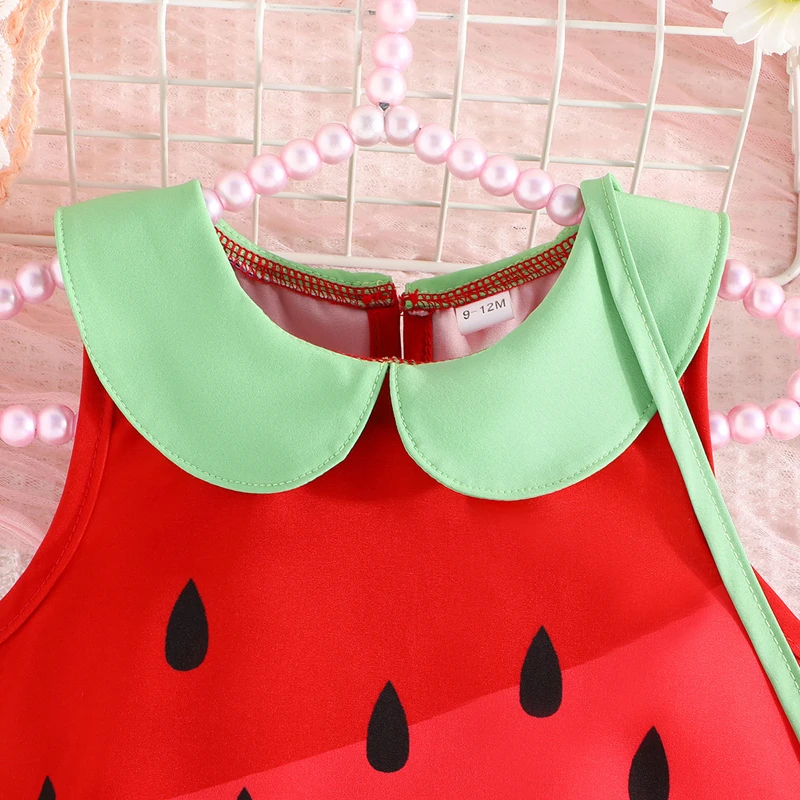 0-3Y Baby Girls Dress Watermelon Print Doll Collar Sleeveless Casual Dress Summer Fashion Girls Princess Dress with Bag Costume