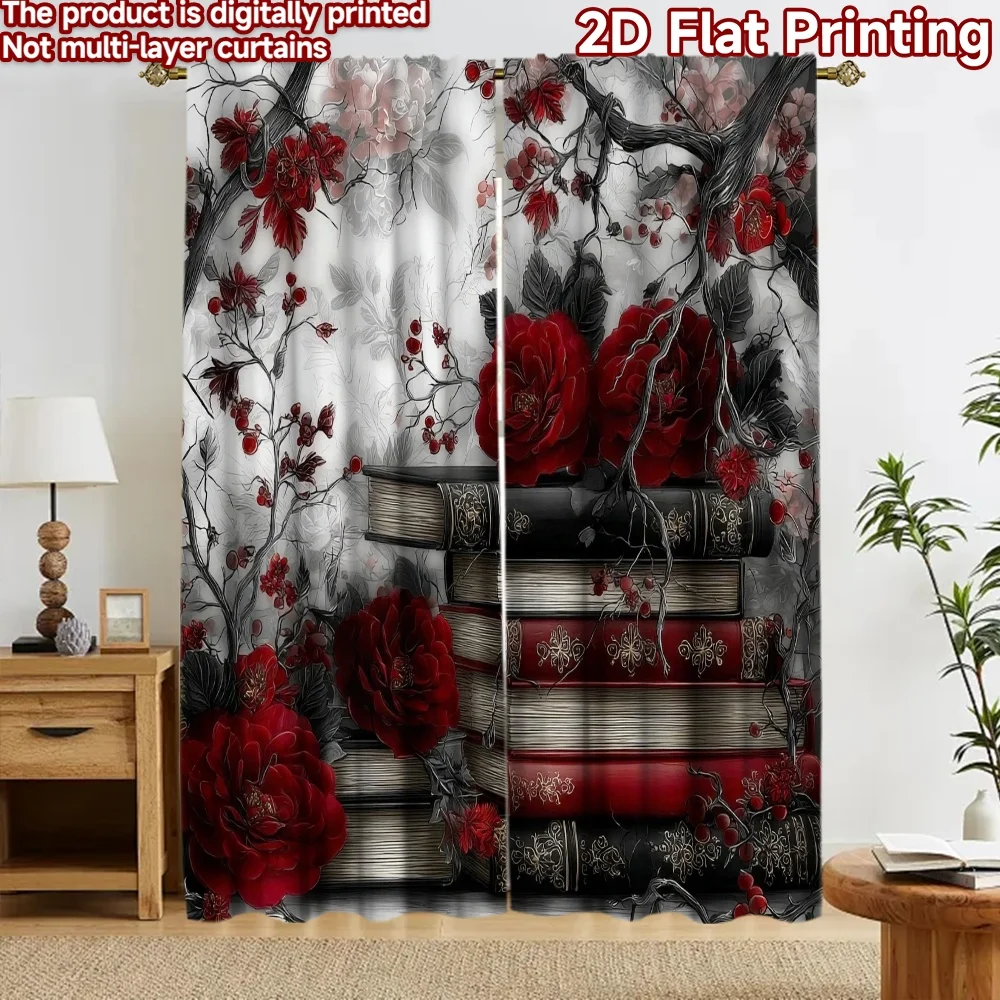 2pcs Red Rose Vintage Books Curtains Dark Academia Floral Window Drapes Gothic Aesthetic Decor Living Room Bedroom