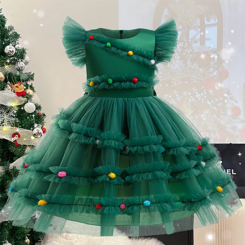 

2024 Christmas Girls Dresses Bow Polka Dot Applique Mesh Fly Sleeve Princess Dress Up School Party Fashionable Evening Dress