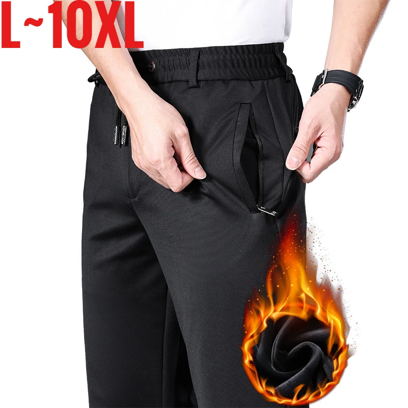 Big Size 10XL Winter Pants Men Fleece Lined Elastic Waist Strtch Trousers Male Thick Warm Straight Business Work Wear Plus Large