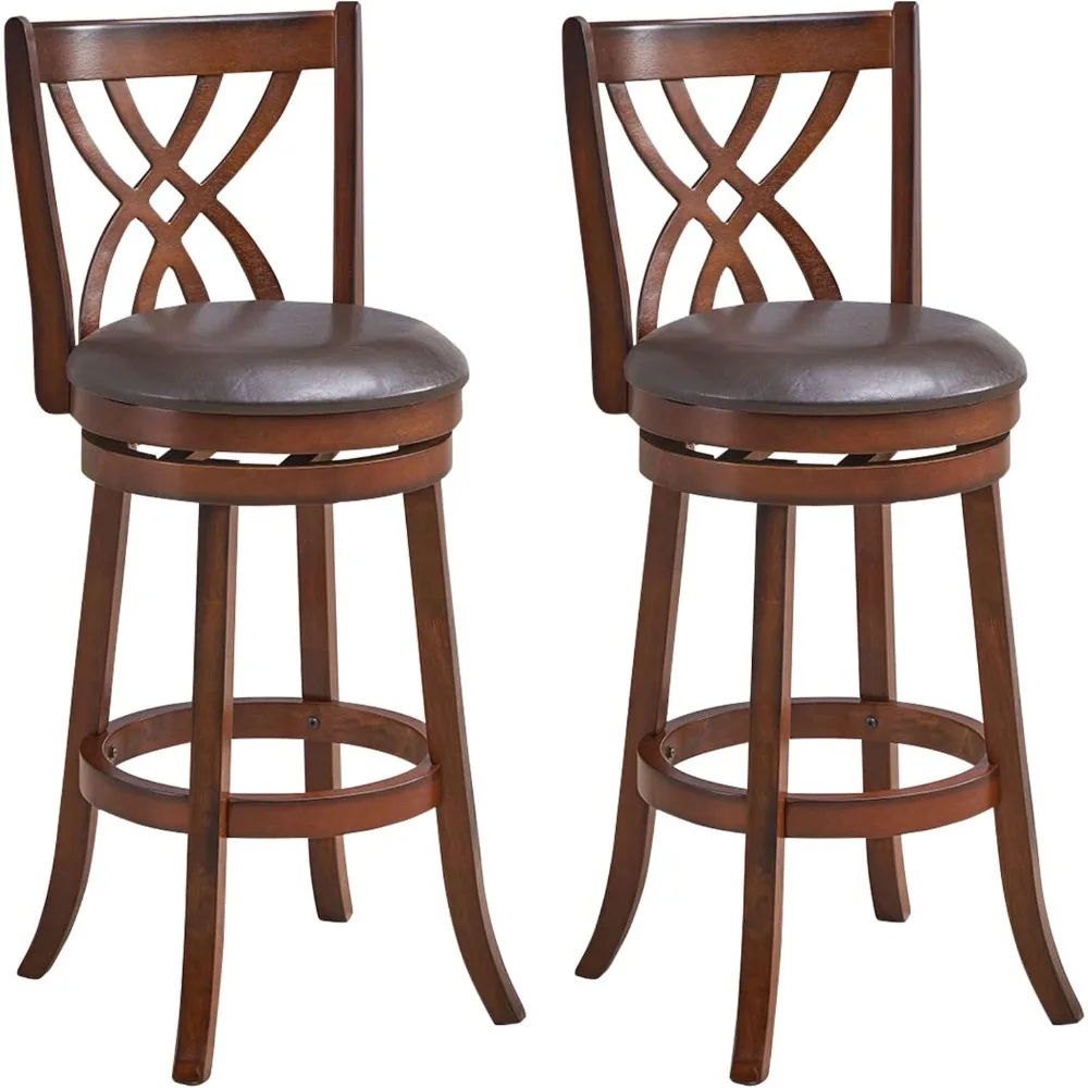 طقم كراسي بار، 2 360 ° كراسي دوارة بإطار خشبي مطاطي، ومقاعد مبطنة من جلد البولي يوريثان مقاس 30 بوصة ومساند للقدمين #1