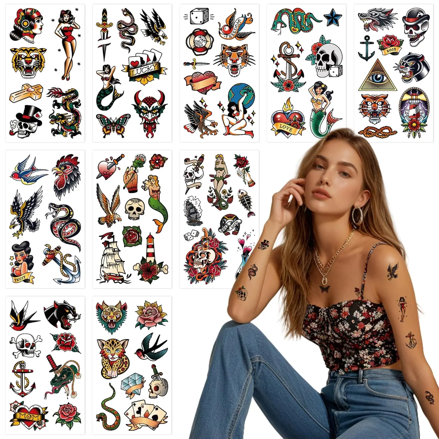 

76 Pcs Retro Temporary Tattoos Classic Old School Colorful Stickers Flowers Snake Adult Men Women Body Art