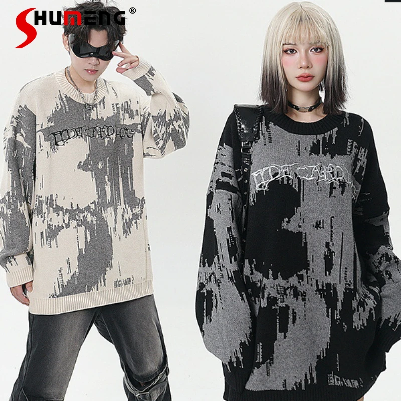 

Street Cool Embroidered Letter Sweater Female 2024 Autumn New Dark Couple Loose Long Sleeve Knitted Pullovers Sueters De Mujer