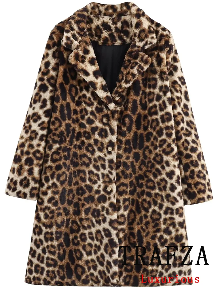 TRAFZA Vintage Chic Women Jackets Leopard Turn-down Collar Long Sleeve Coats New Fashion 2024 Autumn Winter Jacket Outwear