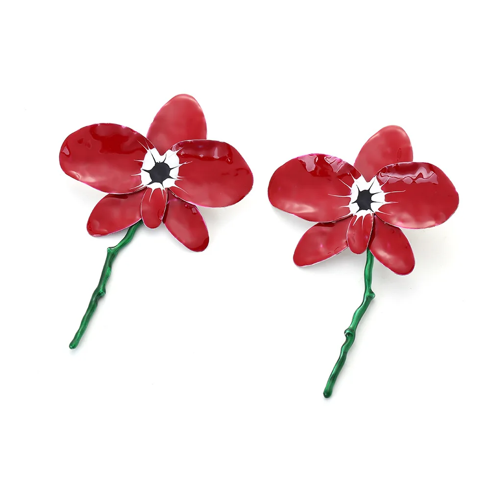 2024 Unique ZA  Metal Enameled Red Flower Earrings for Women Cute Big Alloy Drip Oil Floral Dangle Earring Wedding Jewelry