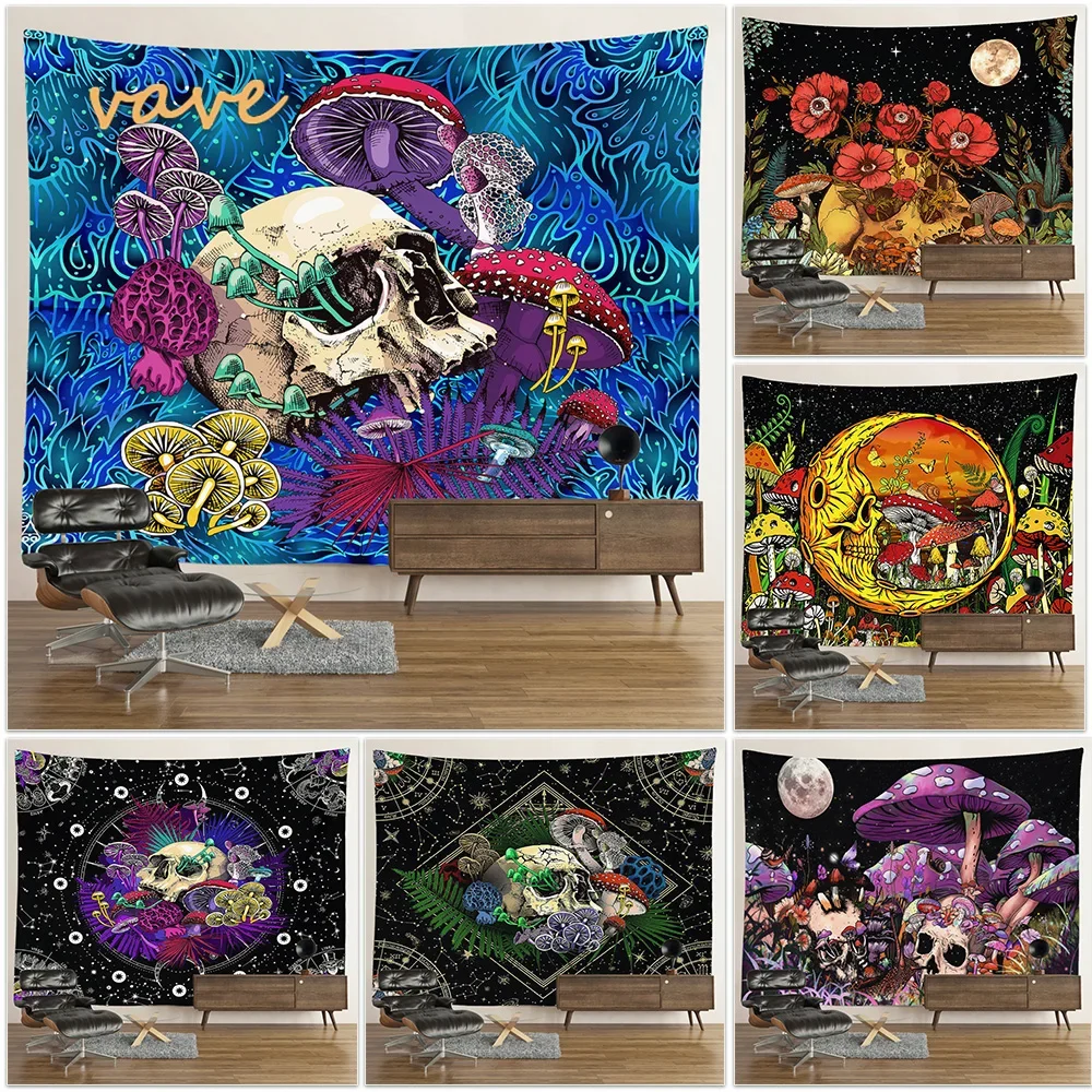 Psychadelic Skull Flower Tapestry Wall Hanging Boho Hippie Cloth Tapestry Mushroom Aesthetic Dorm Bedroom Decor