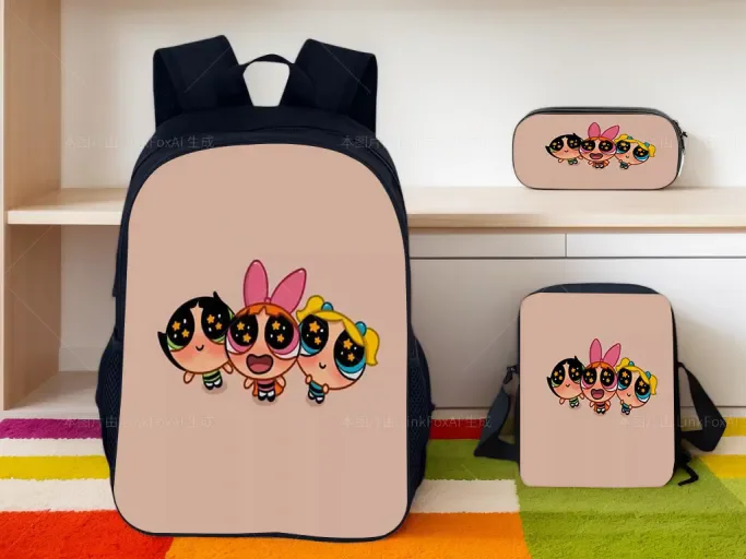 

Student Trendy Backpack 3Pcs Set-Casual Bookbag+Side Bag+Pencil Case,The Powerpuff Girls Classic Rucksack for School