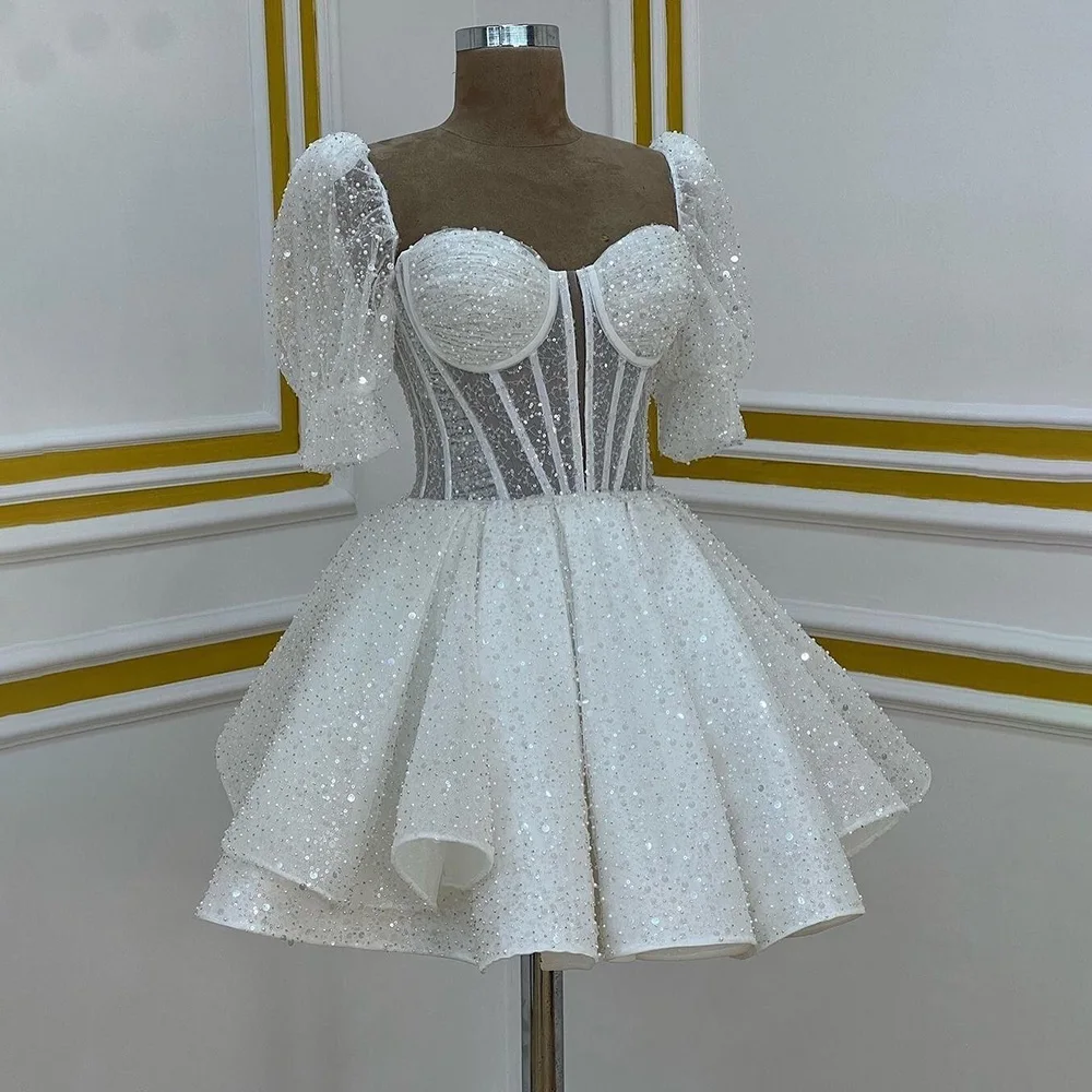 Zeitlos von der Schulter Perlen Pailletten Brautkleid kurze Mini A-Lin geschwollene Hochzeit Brautkleid mit Kurzarm Vestidos