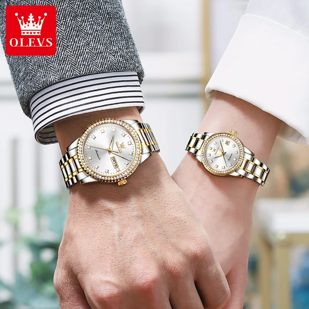 OLEVS-Montre mécanique automatique pour hommes et femmes, montre-bracelet pour couples, marque de luxe, cadran en diamant, cadeaux de mariage, amoureux, nouveau