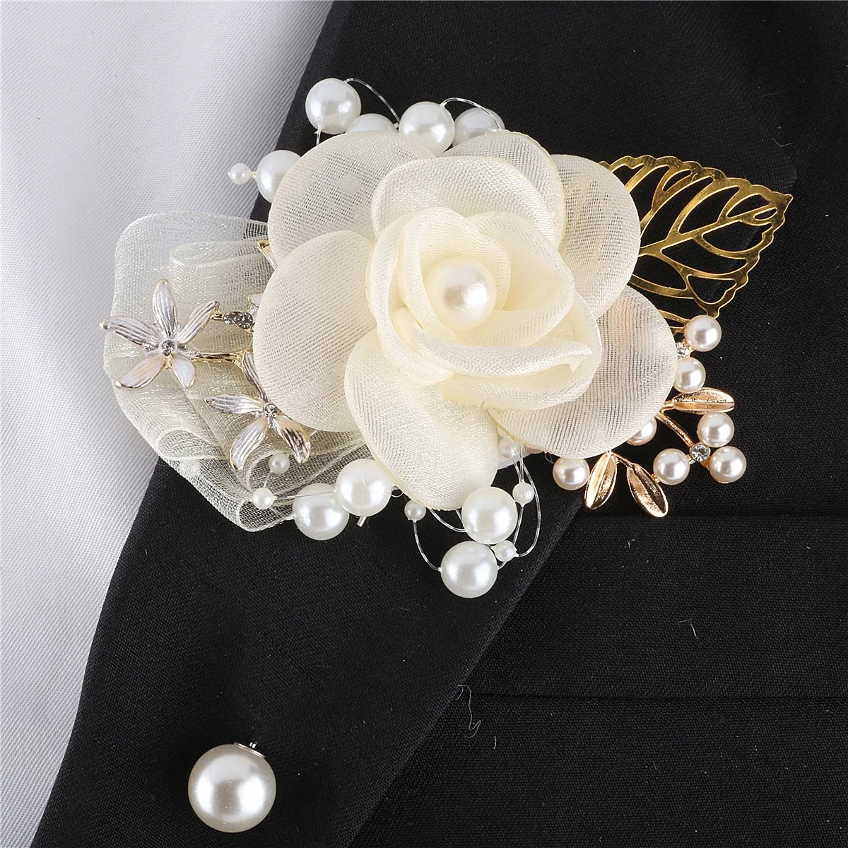Artifical Rose Flowers Pearl Beaded Wrist Flower Ivory Flowers Bridesmaid Mensuit Marriage Wedding Accessories image 4