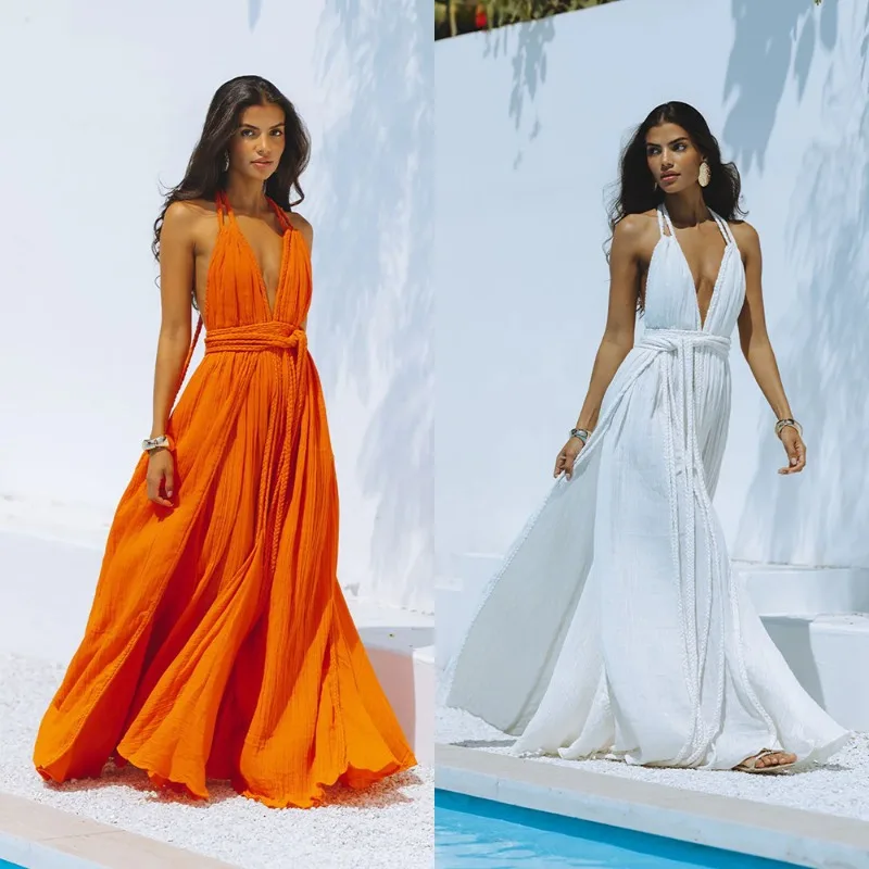 Sexy Summer Women Beach Smock Dress Elegant Y2K Strap V Neck Backless Lace Up Bandage Vacation Holiday Loose Long Dress Sundress